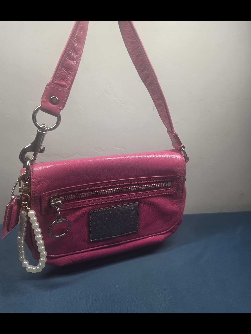 Coach Poppy Small Pink Leather Shoulder Bag with Pearl Charm